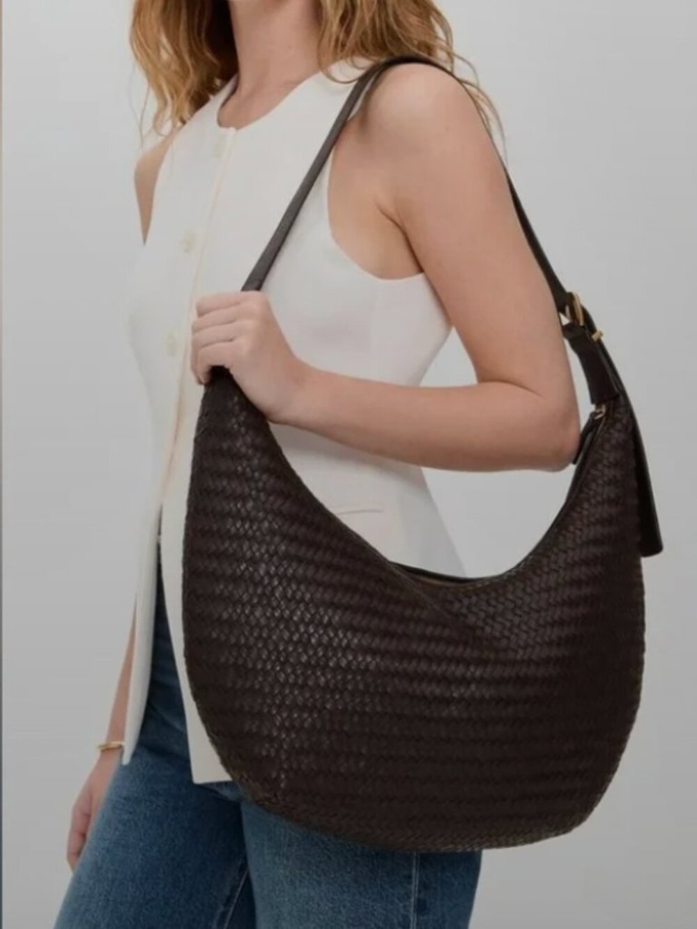 Madewell Essential Curve Dark Brown Woven Leather Bag - Picture 6 of 8